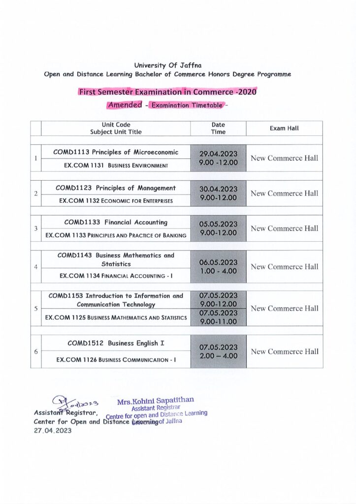Amended time Table First Semester Center for Open and Distance